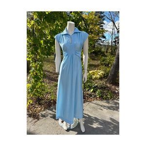 Vintage 70s Sky Blue Maxi Dress Collared Cap Sleeve Keyhole Neckline Waist Ties